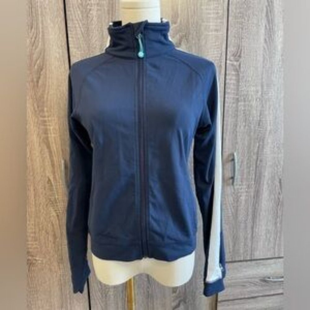 LULULEMON Retro Navy Blue Zip up Light Jacket with White Striped Sleeves.